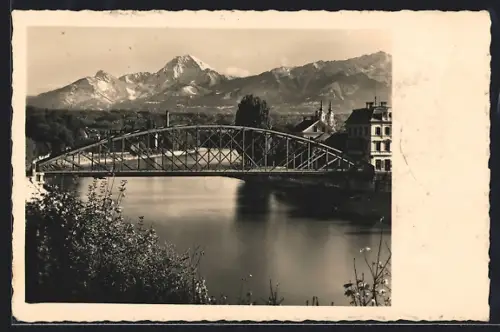 AK Villach, Draubrücke gegen Mittagskogel