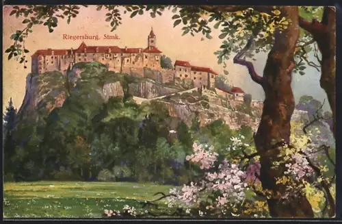 Künstler-AK Riegersburg i. d. Steiermark, Blick hinauf zum Schloss