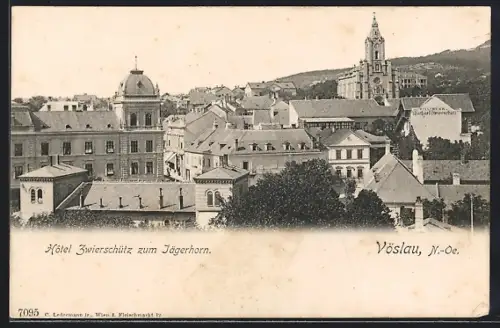 AK Vöslau /N.-Ö., Hotel Zwierschütz zum Jägerhorn mit Umgebung aus der Vogelschau