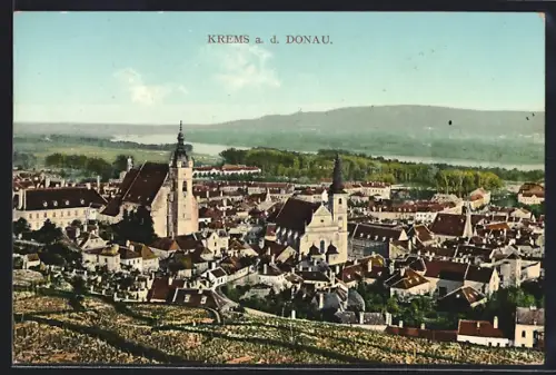 AK Krems a. d. Donau, Totalansicht mit Donaublick aus der Vogelschau