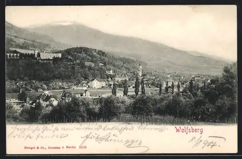 AK Wolfsberg, Ortsansicht mit Fernblick aus der Vogelschau