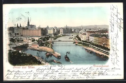 AK Wien, Donaukanal mit Brücke u. Stadtpanorama aus der Vogelschau