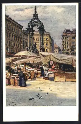 Künstler-AK Konopa: Wien I, Hoher Markt, Menschen beim Einkaufen