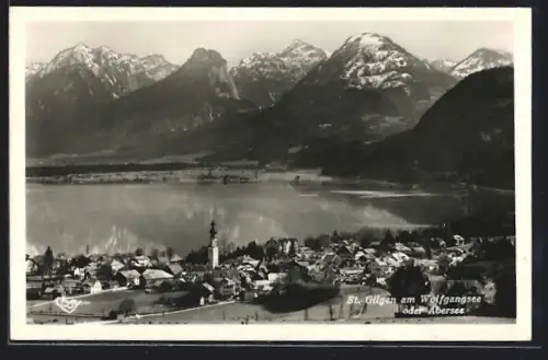 AK St. Gilgen, Totalansicht mit Kirche, Wolfgangsee oder Abersee und Gebirge