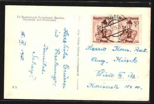 AK St. Gilgen, Totalansicht mit Kirche, Wolfgangsee oder Abersee und Gebirge