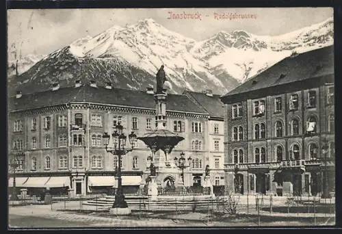 AK Innsbruck, Rudolfsbrunnen mit Bergpanorama