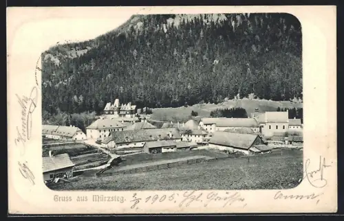 AK Mürzsteg, Ortsansicht mit Umgebung, Berg, Wald