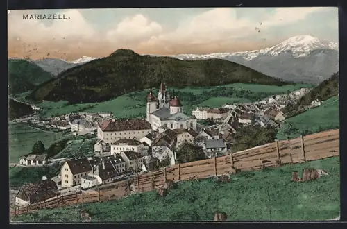 AK Mariazell, Ortspanorama mit Bergen