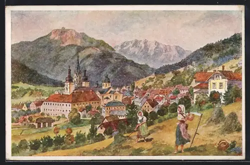 AK Maria Zell, Ortsansicht, Alpenkette, Bäuerinnern mit Sensen mähen Gras
