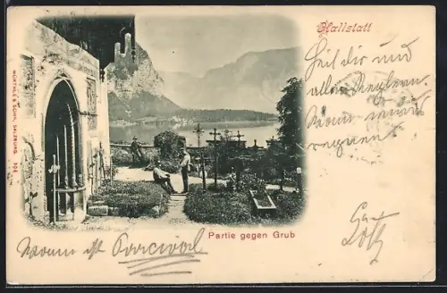 AK Hallstatt, Männer auf dem Friedhof mit Blick gegen Grub