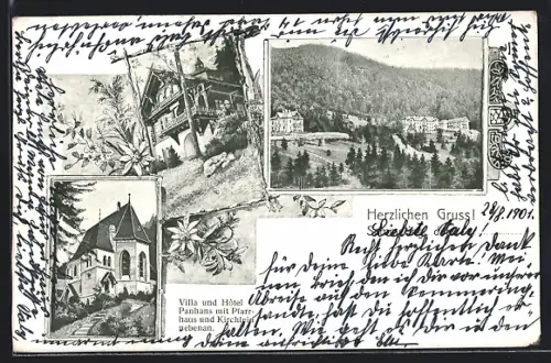 AK Semmering, Hotel und Villa Panhans mit Pfarrhaus und Kirchlein nebenan