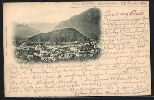 AK Ischl, Ortsansicht mit Bergpanorama