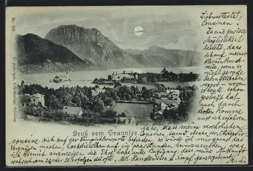 Mondschein-AK Traunsee, Ortsansicht im Vollmondlicht