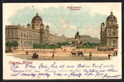 Lithographie Wien I, Maria Theresien Platz, Monument, Strassenbahn