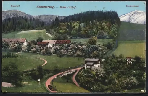 AK Semmering, Ortsansicht mit Raxalpe und Schneeberg