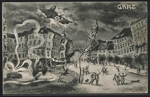 Wirtshaus-AK Graz, Strassenpartie am Springbrunnen aus der Sicht eines Betrunkenen, Vollmond