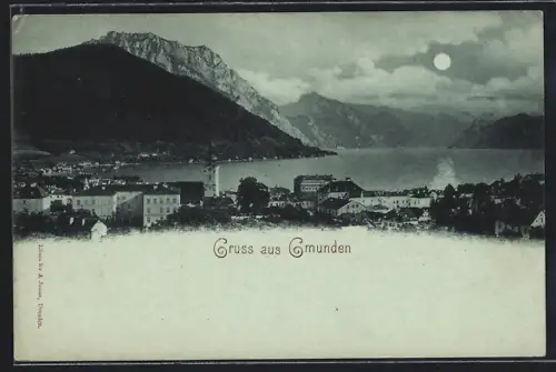 Mondschein-AK Gmunden, Teilansicht mit Bergen