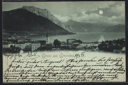 Mondschein-AK Gmunden, Teilansicht mit Bergen