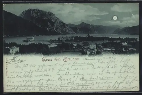 Mondschein-AK Traunsee, Panorama mit Bergen
