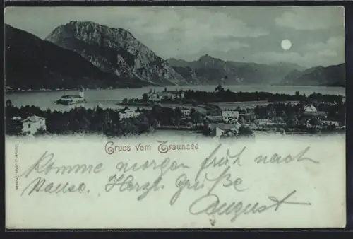 Mondschein-AK Traunsee, Panorama mit Bergen