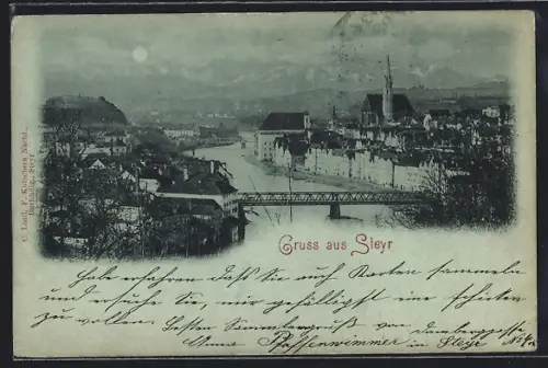 Mondschein-AK Steyr, Uferpartie mit Kirche und Brücke