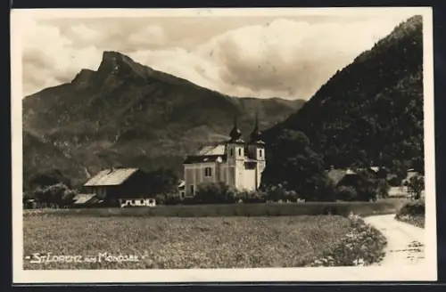 AK St. Lorenz am Mondsee, Ortspartie mit Kirche