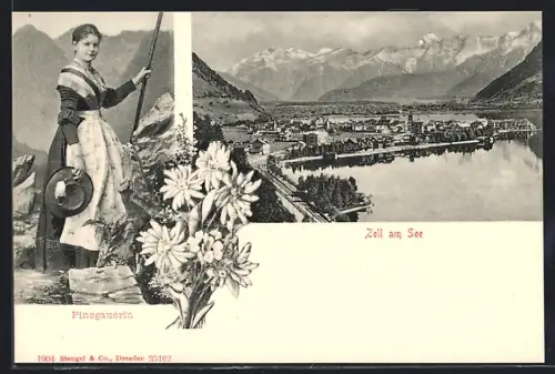AK Zell am See, Teilansicht, Pinzgauerin, Alpenblumen