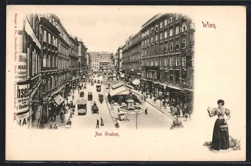 AK Wien, Am Graben mit Geschäften und Strassenbahn