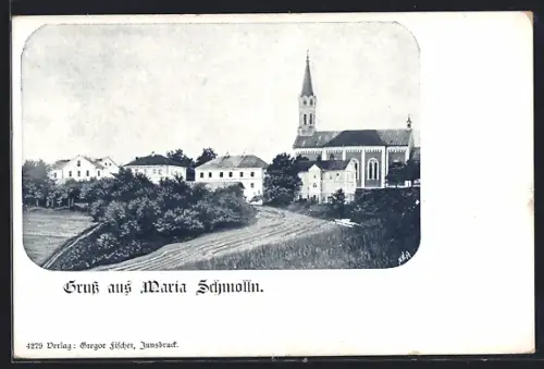 Lithographie Maria Schmolln, Ortspartie mit Kirche