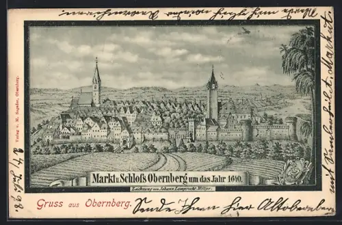AK Obernberg, Ortsansicht im Jahre 1640 nach einem Stich