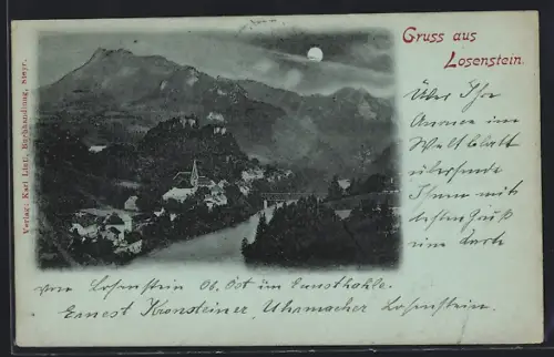 Mondschein-AK Losenstein, Strassenpartie mit Bergen