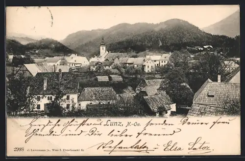 AK Lunz /N.-Oe., Teilansicht mit Bergen