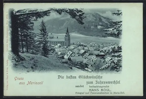 Mondschein-AK Mariazell, Teilansicht mit Kirche, Neujahrsgruss