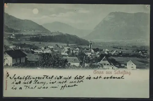 Mondschein-AK Scheifling, Teilansicht mit Bergen