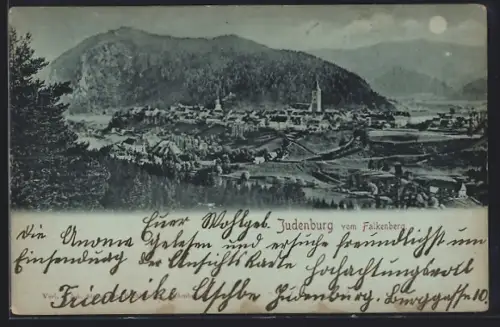 Mondschein-AK Judenburg, Teilansicht mit Kirche vom Falkenberg