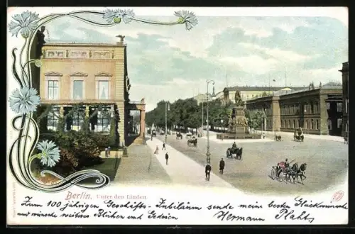 AK Berlin, Unter den Linden, Strassenansicht mit Reiterstandbild und Kutschen