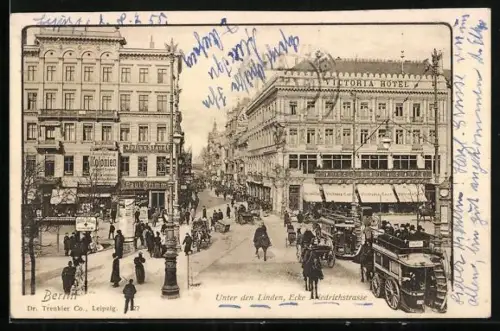 AK Berlin, Unter den Linden Ecke Friedrichstrasse, Victoria Hotel