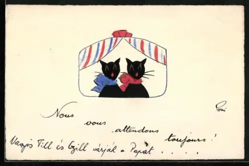 AK Zwei schwarze Katzen mit Schleifen