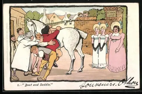 AK Boot and Saddle, Ungeübtem Reiter muss aufs Pferd geholfen werden