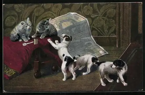 AK Hundewelpen und Kätzchen