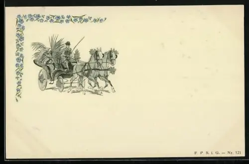Präge-AK Dame auf Kutschfahrt, Blumen-Ornamente