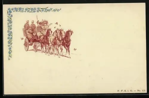 Präge-AK Gesellschaft auf Kutschfahrt, Blumen-Ornamente