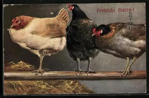 AK Hühner auf einer Stange, Ostergruss