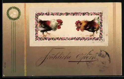 Künstler-AK Ostern, zwei Hähne streiten um Eier