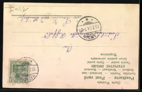 AK Taube mit Kuvert im Schnabel, Im Hintergrund Windmühle