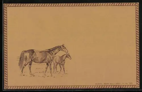 Präge-AK Stute mit Fohlen, Ornament-Rahmen