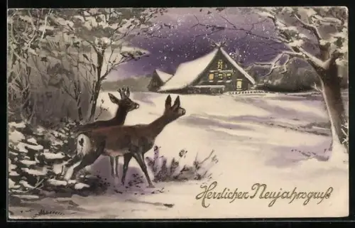 AK Rehpaar und beleuchtetes Haus im Schnee, Neujahrsgruss