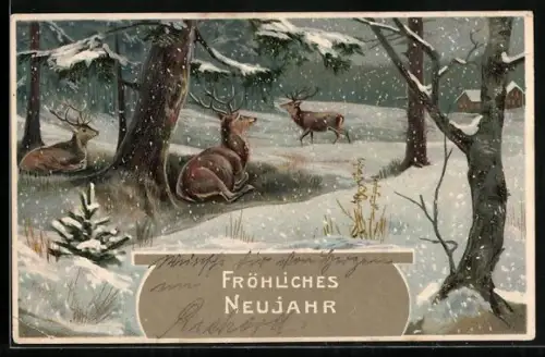 AK Hirsche im Schnee, Neujahrsgruss