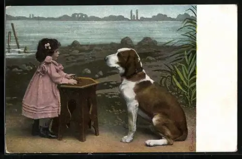 AK Kleines Mädchen mit Bernhardiner am Wasser