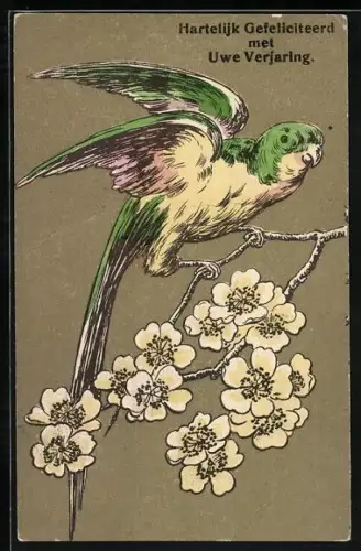 AK Papagei auf einem blühenden Zweig